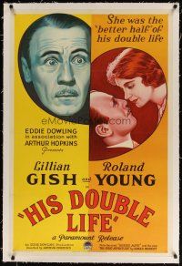 9d271 HIS DOUBLE LIFE linen 1sh '33 stone litho of pretty Lillian Gish & Roland Young!