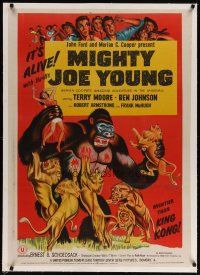 9d097 MIGHTY JOE YOUNG linen Indian R50s 1st Harryhausen, great art of ape rescuing girl from lions