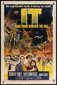 9d282 IT CAME FROM BENEATH THE SEA linen 1sh '55 Harryhausen, art of giant monster destroying city!