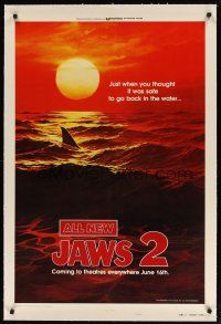 9d283 JAWS 2 linen style B teaser 1sh '78 classic art of shark's fin in red water at sunset!