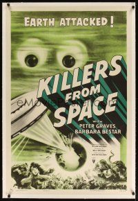 9d288 KILLERS FROM SPACE linen 1sh '54 bulb-eyed men invade Earth from flying saucers, cool art!