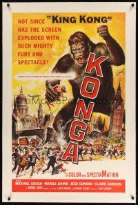 9d290 KONGA linen 1sh '61 great artwork of giant angry ape terrorizing city by Reynold Brown!
