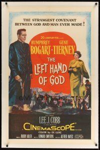 9d295 LEFT HAND OF GOD linen 1sh '55 art of priest Humphrey Bogart with gun + sexy Gene Tierney!