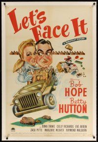 9d296 LET'S FACE IT linen 1sh '43 cool art of Bob Hope & Betty Hutton in Jeep, Cole Porter songs!