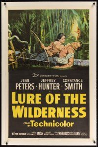9d301 LURE OF THE WILDERNESS linen 1sh '52 art of sexy Jean Peters & wounded Jeff Hunter in swamp!