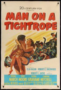 9d305 MAN ON A TIGHTROPE linen 1sh '53 directed by Elia Kazan, circus performer Terry Moore!