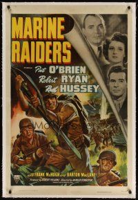 9d306 MARINE RAIDERS linen 1sh '44 artwork of Pat O'Brien & Robert Ryan with rifles & bayonets!