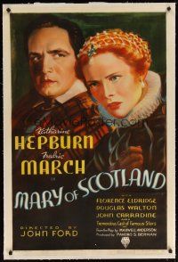 9d307 MARY OF SCOTLAND linen 1sh '36 close up artwork of Queen Katharine Hepburn & Fredric March!
