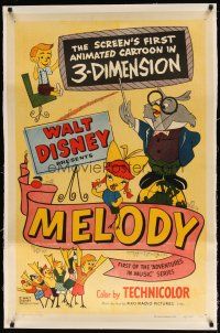9d309 MELODY linen 1sh '53 wacky art of singing birds & kids, first cartoon filmed in 3D!