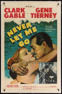 9d319 NEVER LET ME GO linen 1sh '53 romantic close up artwork of Clark Gable & sexy Gene Tierney!