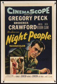 9d321 NIGHT PEOPLE linen 1sh '54 great close up of military soldier Gregory Peck in uniform!