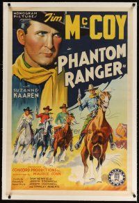 9d330 PHANTOM RANGER linen 1sh '38 stone litho of Tim McCoy & cowboys with guns drawn on horseback!