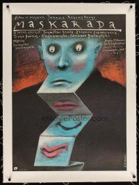 9d142 MASKARADA linen Polish 27x38 '87 bizarre Pagowski art of man with many mouths!