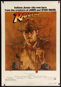 9d337 RAIDERS OF THE LOST ARK linen 1sh '81 great art of adventurer Harrison Ford by Richard Amsel!