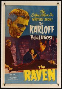 9d340 RAVEN linen 1sh R49 Boris Karloff & Bela Lugosi meet Edgar Allan Poe in this horror classic!