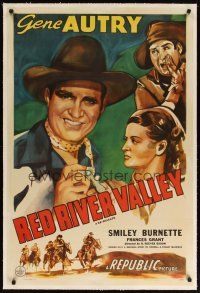 9d342 RED RIVER VALLEY linen 1sh R44 artwork of smiling heroic cowboy Gene Autry & Smiley Burnette!