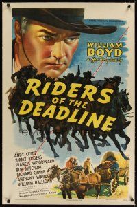 9d348 RIDERS OF THE DEADLINE linen 1sh '43 art of William Boyd as Hopalong Cassidy, Bob Mitchum!