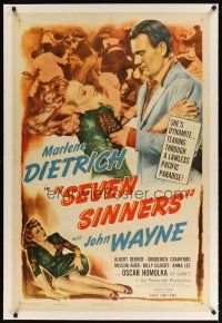 9d357 SEVEN SINNERS linen 1sh R48 different image of Marlene Dietrich grabbed by big John Wayne!