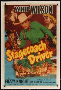 9d363 STAGECOACH DRIVER linen 1sh '51 cowboy Whip Wilson with gun, Fuzzy Knight, Gloria Winters