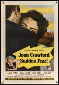 9d366 SUDDEN FEAR linen style B 1sh '52 great close up of terrified Joan Crawford, Jack Palance