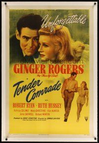 9d377 TENDER COMRADE linen 1sh '44 pretty Chin-Up Girl Ginger Rogers & Robert Ryan, unforgettable!