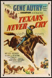 9d378 TEXANS NEVER CRY linen 1sh '51 cool art of cowboy Gene Autry riding Champion the Wonder Horse!