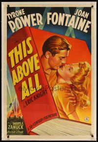 9d380 THIS ABOVE ALL linen style B 1sh '42 stone litho of Tyrone Power about to kiss Joan Fontaine!