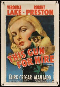 9d195 THIS GUN FOR HIRE linen 1sh '42 great image of Alan Ladd with gun & sexy Veronica Lake!