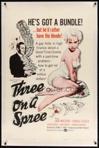 9d382 THREE ON A SPREE linen 1sh '61 sexed up version of Brewster's Millions with a sexy blonde!