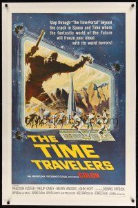 9d384 TIME TRAVELERS linen 1sh '64 cool Reynold Brown sci-fi art of the crack in space and time!