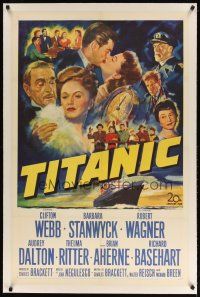 9d386 TITANIC linen 1sh '53 great artwork of Clifton Webb, Barbara Stanwyck & legendary ship!