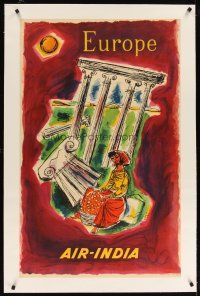 9d051 AIR INDIA EUROPE linen Indian travel poster '50s cool artwork of woman sitting in ruins!