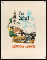9d053 AMERICAN AIRLINES NEW ENGLAND linen travel poster '50s art of church & ship by Bern Hill!