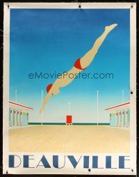 9d050 DEAUVILLE linen signed French travel poster '80 by artist Razzia, cool swimming artwork!