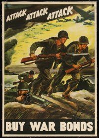 9d045 ATTACK ATTACK ATTACK linen 28x40 WWII war poster '42 Warren art of soldiers on battlefield!