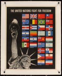 9d048 UNITED NATIONS FIGHT FOR FREEDOM linen 22x28 WWII war poster '42 art of Lady Liberty & flags!