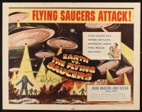 9e038 EARTH VS. THE FLYING SAUCERS style B 1/2sh '56 sci-fi classic, cool art of UFOs & aliens!