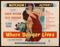 9e060 WHERE DANGER LIVES style A 1/2sh '50 art of Robert Mitchum grabbing Faith Domergue with gun!