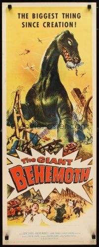 9e030 GIANT BEHEMOTH insert '59 cool art of massive brontosaurus dinosaur monster smashing city!