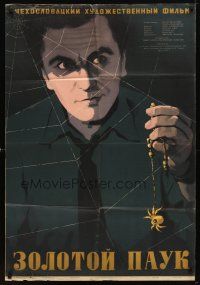 9e127 GOLDEN SPIDER Russian 27x40 '57 cool Ruklevski artwork of man with arachnid jewelry + web!