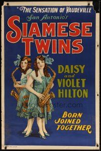 9e095 SIAMESE TWINS stage poster '30s San Antonio's Daisy and Violet Hilton play the sax!