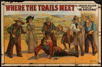 9e099 WHERE THE TRAILS MEET stage play poster '17 stone litho of cowboys around fallen bad guy!