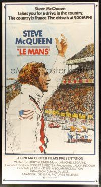 9f198 LE MANS 3sh '71 artwork of race car driver Steve McQueen waving at fans by Tom Jung!