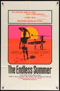 9f003 ENDLESS SUMMER 1sh '67 Bruce Brown surfing sports classic, art of surfers on beach!