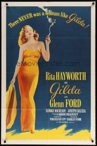 9f022 GILDA 1sh R59 classic image of sexy smoking Rita Hayworth full-length in sheath dress!