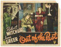 9f154 OUT OF THE PAST LC #8 '47 Kirk Douglas hands papers to Robert Mitchum & Jane Greer!