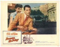 9f164 ROMAN HOLIDAY LC #8 R60 best c/u of Audrey Hepburn & Gregory Peck riding on Vespa!