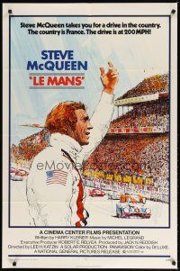9f032 LE MANS 1sh '71 great Tom Jung artwork of race car driver Steve McQueen waving at fans!