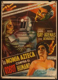 9f274 LA MOMIA AZTECA CONTRA EL ROBOT HUMANO Mexican poster '57 funky sci-fi horror, cool art!