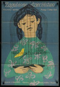 9f336 CRASH OF SILENCE Polish 23x33 '54 different art of deaf mute girl w/ birdcage by Jan Lenica!